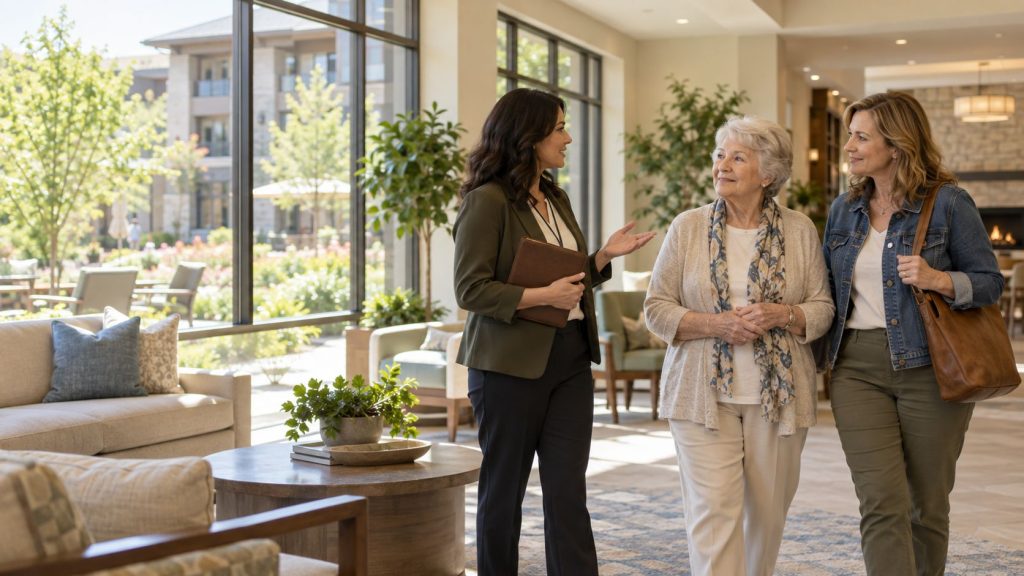 Senior living advisor speaking with a prospective resident and her daughter during a community tour