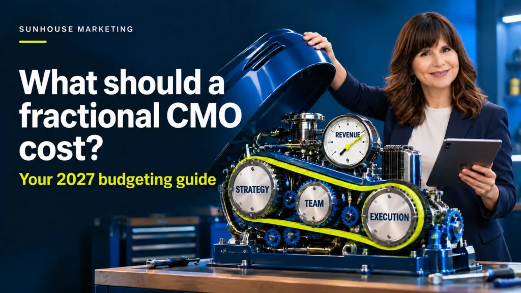Woman in a navy blazer beside an open engine with gears labeled Strategy, Team and Execution and a Revenue gauge, with the headline: What should a fractional CMO cost? Your 2027 budgeting guide.